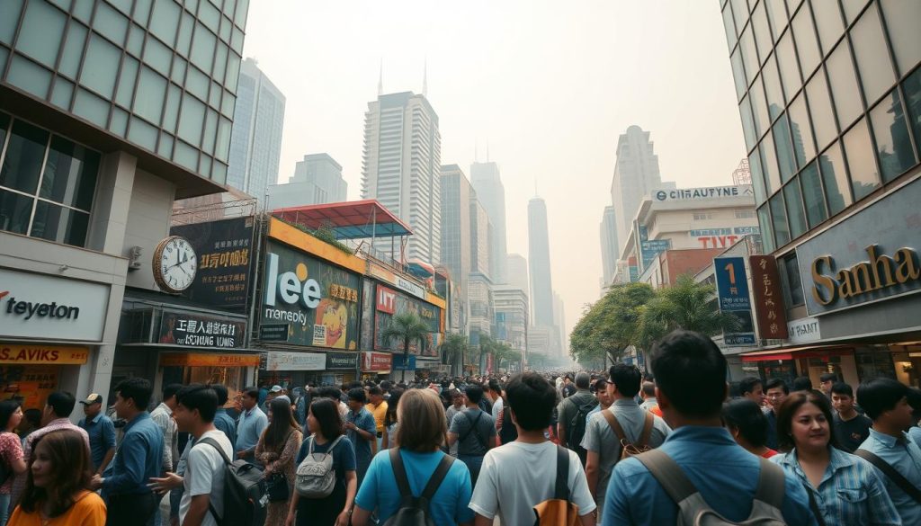 A bustling urban scene, captured through a wide-angle lens that showcases the depth and complexity of a dynamic social environment. In the foreground, a diverse group of individuals navigates the streets, engaged in lively conversations and interactions. The middle ground features a blend of modern architecture and vibrant storefronts, creating a sense of energy and movement. In the background, towering skyscrapers and a hazy, warm-toned sky set the stage for a thriving metropolitan landscape. The overall atmosphere conveys a sense of interconnectedness, where the built environment and the people who inhabit it seamlessly coexist, shaping and influencing one another in an intricate dance of social dynamics.