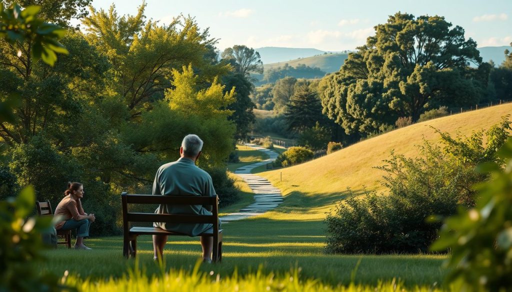 A serene garden scene, with two figures seated on a wooden bench in the foreground, engaged in a thoughtful dialogue. Soft, diffused lighting filters through the lush greenery of the surrounding trees, creating a warm, introspective atmosphere. The figures' body language conveys a sense of understanding and mutual respect as they navigate the resolution of a conflict. In the middle ground, a winding path leads the eye deeper into the tranquil setting, suggesting a journey towards reconciliation. The background features a backdrop of rolling hills and a clear, azure sky, symbolizing the possibility of a peaceful resolution.