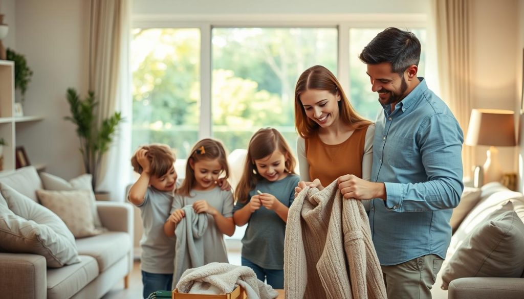 A warm, family scene of parents and children working together harmoniously. In the foreground, a smiling mother and father collaborate on a household task, perhaps folding laundry or preparing a meal, while their two young children assist enthusiastically, learning by their example. The middle ground features a cozy, inviting living room with soft lighting, plush furnishings, and personal touches that convey a sense of comfort and togetherness. In the background, a large window offers a glimpse of a tranquil, sun-dappled backyard, suggesting a peaceful, nurturing environment. The overall mood is one of unity, cooperation, and a shared commitment to family responsibilities.