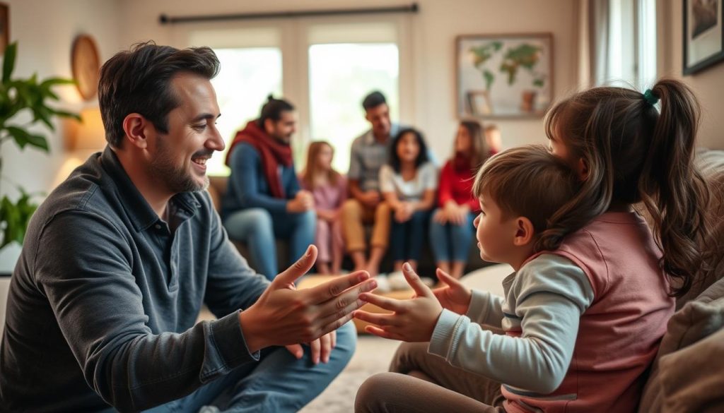 A warm, inviting living room scene. In the foreground, a parent and child engaged in imaginative role-play, acting out a heartfelt conversation. The parent's expression radiates empathy and understanding, guiding the child's emotional exploration. In the middle ground, several other families gathered in a semicircle, observing and participating, creating a sense of community involvement. The background depicts a cozy, well-lit space with natural textures and soft lighting, conveying a sense of comfort and safety. The overall mood is one of genuine connection, emotional exploration, and a nurturing environment that fosters the development of empathy.