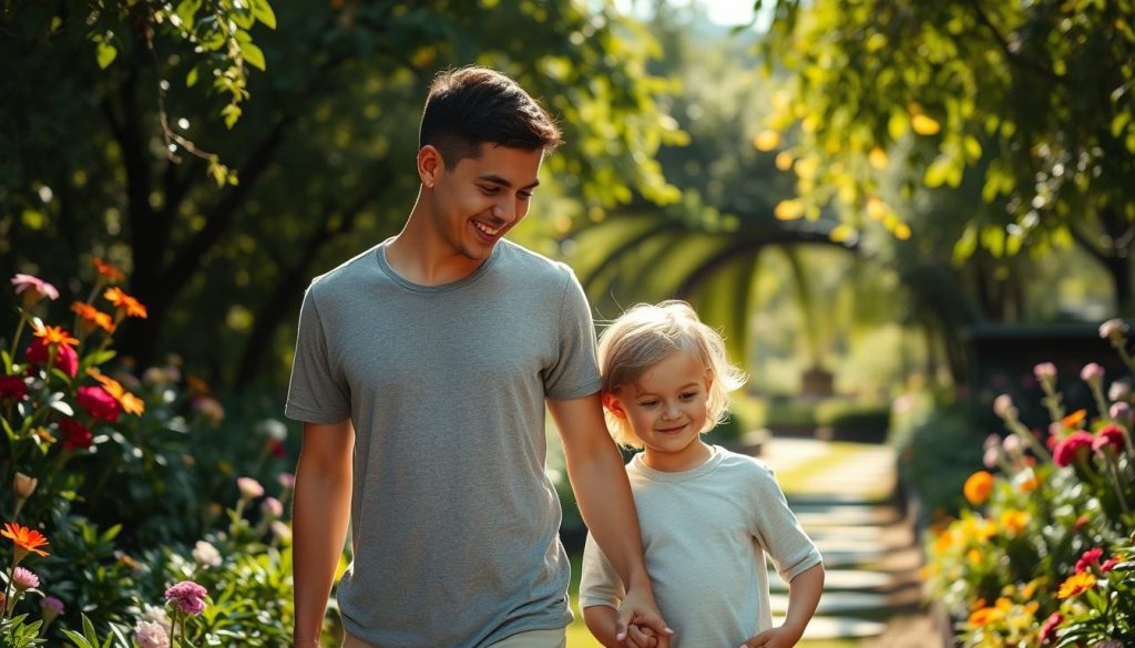 A young parent and child walk hand-in-hand through a lush, sun-dappled garden. The parent's gaze is filled with warmth and pride, while the child's face radiates a sense of independence and curiosity, exploring the vibrant flowers and meandering paths. Soft natural light filters through the verdant canopy, casting a gentle glow on the pair's intertwined figures. The composition emphasizes their emotional connection and the child's growing autonomy, captured through an intimate, cinematic lens. This idyllic scene conveys the delicate balance of nurturing independence within a close parent-child bond.